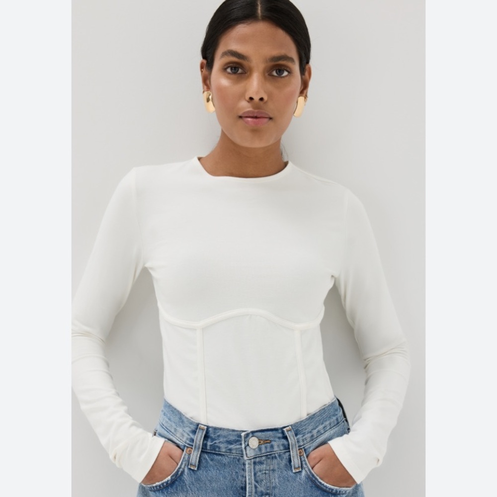 Reformation Thalia Long-Sleeve Corset Knit Top in Cream